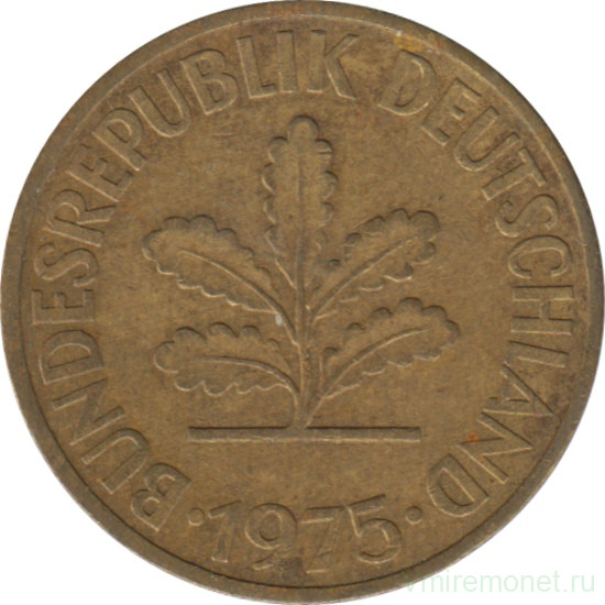 Монета. ФРГ. 10 пфеннигов 1975 год. Монетный двор - Карлсруэ (G).