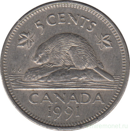 Монета. Канада. 5 центов 1991 год.