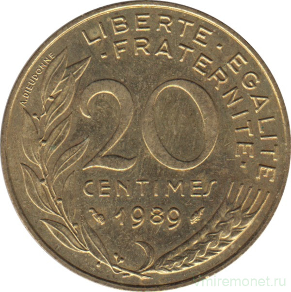 Монета. Франция. 20 сантимов 1989 год.