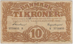 Банкнота. Дания. 10 крон 1942 год. Тип 31k.