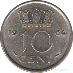 Монета. Нидерланды. 10 центов 1964 год.
