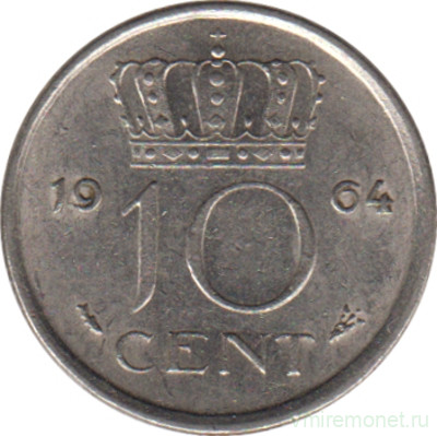 Монета. Нидерланды. 10 центов 1964 год.