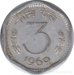 Монета. Индия. 3 пайса 1969 год.