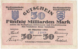 Бона. Нотгельд. Германия. Город Бобинген. 50000000 марок (30.10.1923) 1923 год.