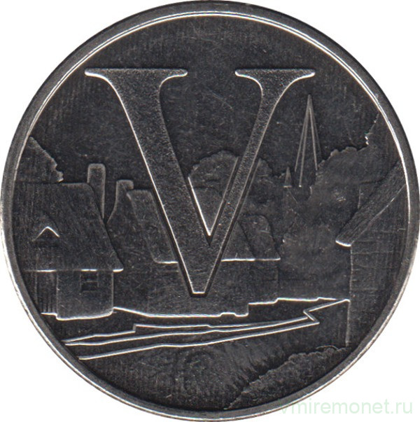 Монета. Великобритания. 10 пенсов 2019 год. Английский алфавит. Буква "V".