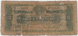 Банкнота. Мозамбик. "Компания де Мозамбик". 10 сентаво 1933 год. (перфорация "PAGO 5.11.1942). Тип R28. 