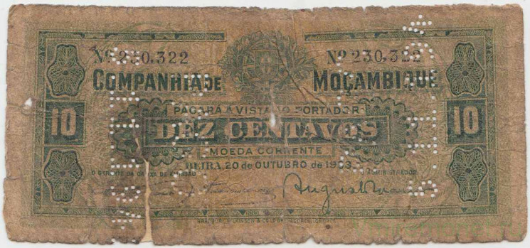 Банкнота. Мозамбик. "Компания де Мозамбик". 10 сентаво 1933 год. (перфорация "PAGO 5.11.1942). Тип R28. 
