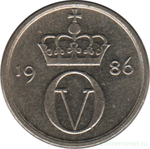 Монета. Норвегия. 10 эре 1986 год.