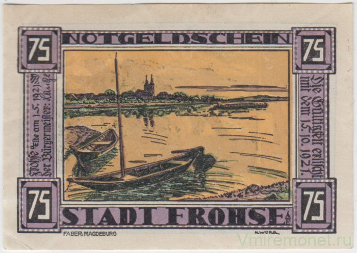 Бона. Нотгельд. Германия. Город Фрозе. 75 пфеннигов 1921 год. Вариант 397.1.3.