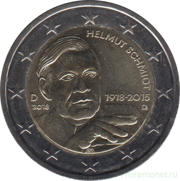 Монета. Германия. 2 евро 2018 год. 100 лет со дня рождения Гельмута Шмидта (D). 