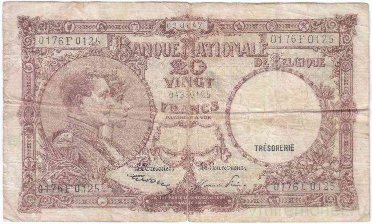 Банкнота. Бельгия. 20 франков 1941 год. 02.04.1947. Тип 116.