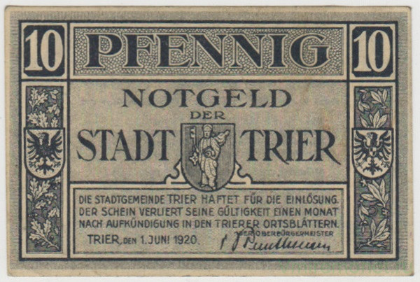 Бона. Нотгельд. Германия. Город Триер. 10 пфеннигов 1920 год. Вариант 1.