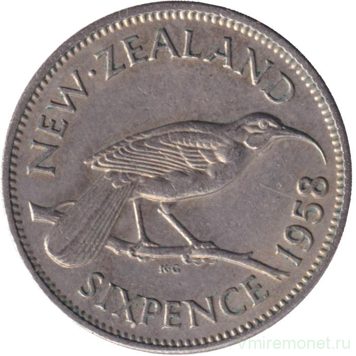 Монета. Новая Зеландия. 6 пенсов 1958 год.