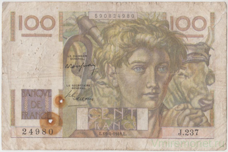 Банкнота. Франция. 100 франков 1948 год. 06.11.1948. Тип 128b.
