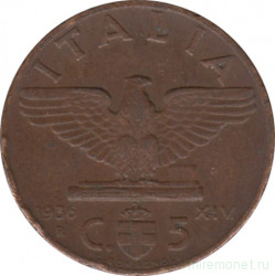 Монета. Италия. 5 чентезимо 1936 год. Новый тип.