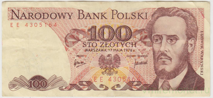 Банкнота. Польша. 100 злотых 1976 год. Людвиг Варинский.