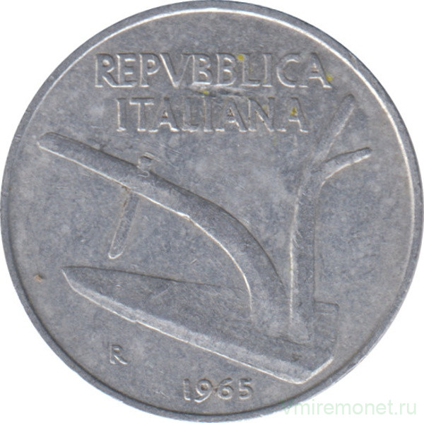 Монета. Италия. 10 лир 1965 год.