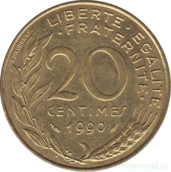 Монета. Франция. 20 сантимов 1990 год.