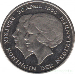 Монета. Нидерланды. 1 гульден 1980 год. Коронация королевы Беатрис. Пруф.