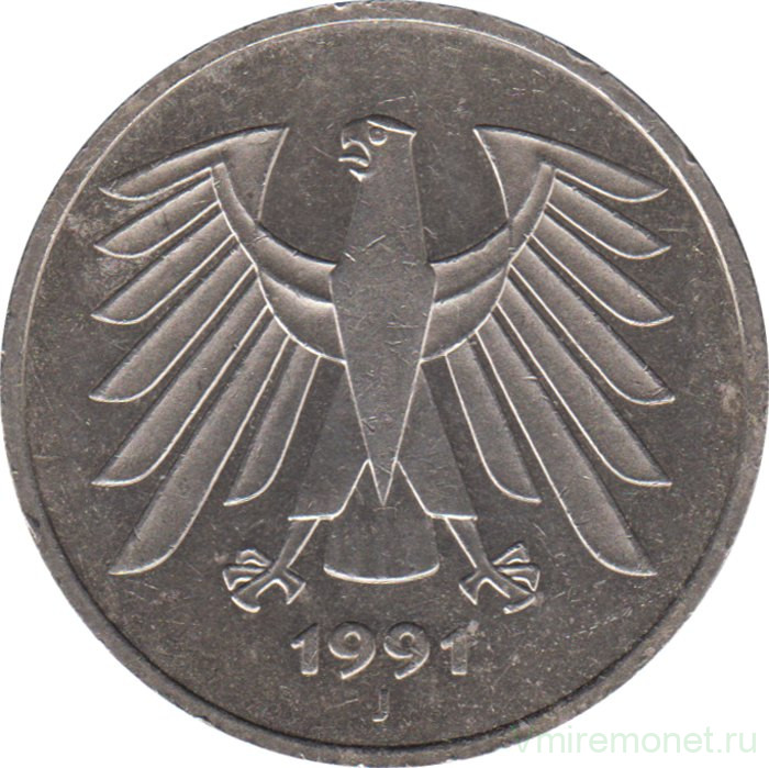 Монета. ФРГ. 5 марок 1991 год. Монетный двор - Карлсруэ (G).