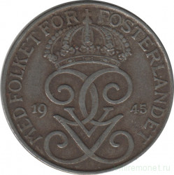 Монета. Швеция. 5 эре 1945 год.