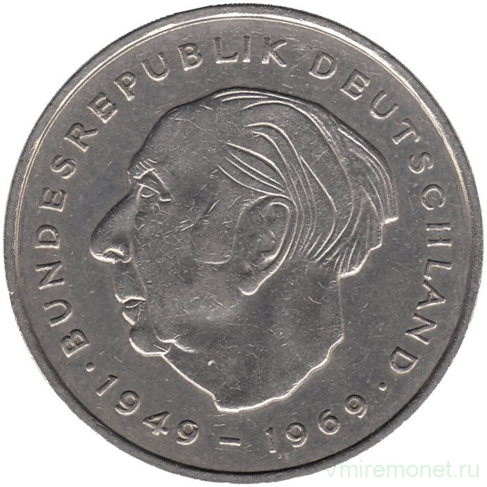 Монета. ФРГ. 2 марки 1974 год. Теодор Хойс. Монетный двор - Мюнхен (J).