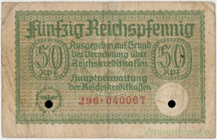 Банкнота. Германия. Третий рейх. Немецкие оккупационные деньги. 50 рейхспфеннигов 1940 - 1945 год. Тип R135.