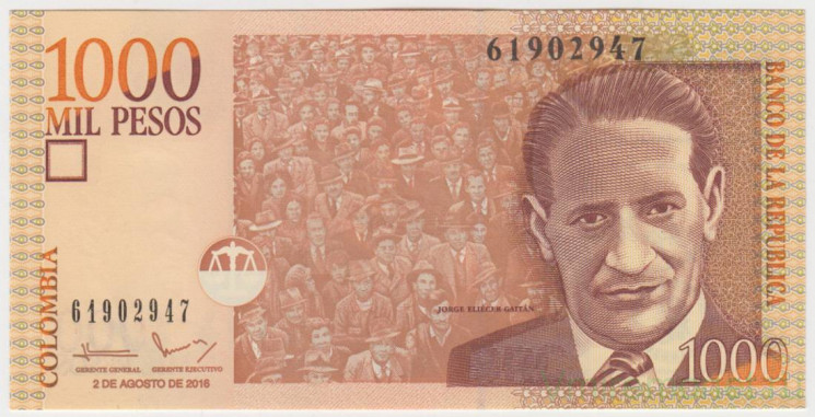 Банкнота. Колумбия. 1000 песо 2016 год.