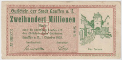Бона. Нотгельд. Германия. Город Лауффен на Неккаре. 200 миллионов марок 1923 год.