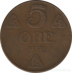 Монета. Норвегия. 5 эре 1921 год.