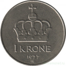 Монета. Норвегия. 1 крона 1977 год.