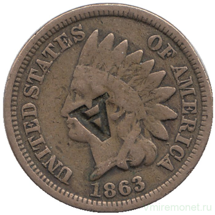 Монета. США. 1 цент 1863 год.