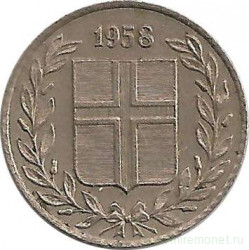 Монета. Исландия. 10 аурар 1958 год.