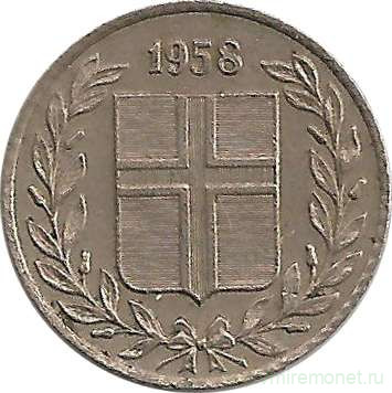 Монета. Исландия. 10 аурар 1958 год.