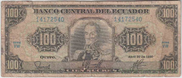 Банкнота. Эквадор. 100 сукре 1990 год. Тип 123 1990(2).