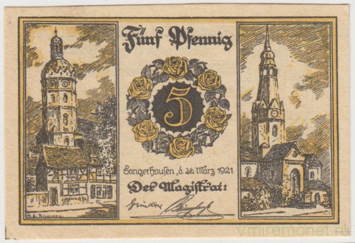 Бона. Нотгельд. Германия. Город Зангерхаузен. 5 пфеннигов 1921 год. Вариант 1163.1.а.1.