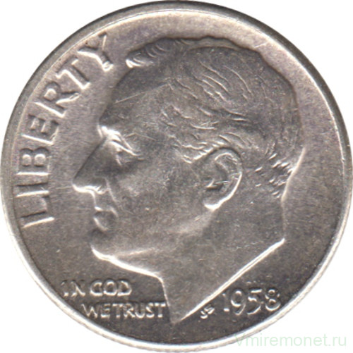 Монета. США. 10 центов 1958 год. Серебряный дайм Рузвельта. Монетный двор D.
