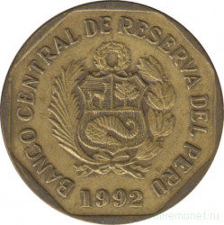Монета. Перу. 10 сентимо 1992 год.
