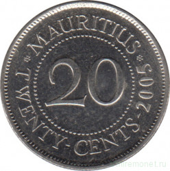 Монета. Маврикий. 20 центов 2005 год.