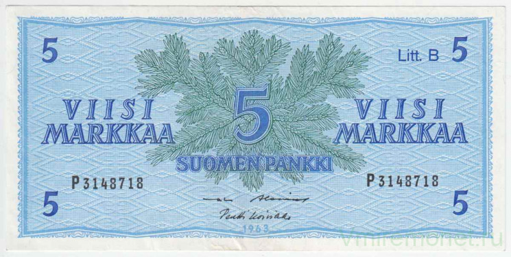 Банкнота. Финляндия. 5 марок 1963 год. Лит B. Тип 106Aa(36).