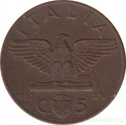 Монета. Италия. 5 чентезимо 1937 год. Новый тип.