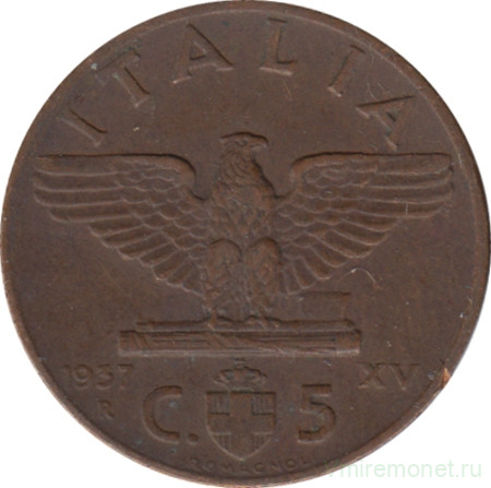 Монета. Италия. 5 чентезимо 1937 год. Новый тип.