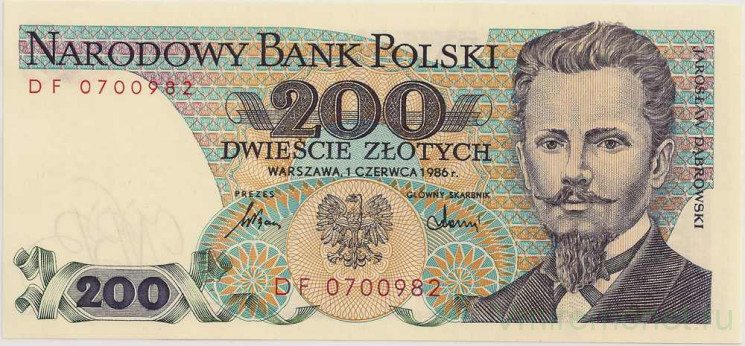 Банкнота. Польша. 200 злотых 1986 год. Ярослав Домбровский.