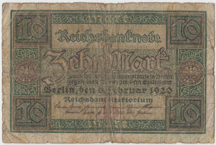 Банкнота. Германия. Веймарская республика. 10 марок 1920 год. Серийный номер - буква и семь цифр.