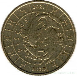 Монета. Сан-Марино. 5 евро 2021 год. Рыбы. Знаки зодиака.