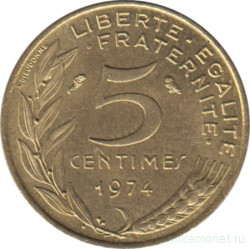Монета. Франция. 5 сантимов 1974 год.