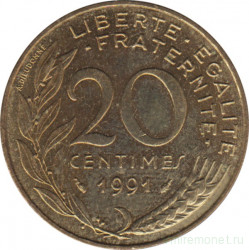 Монета. Франция. 20 сантимов 1991 год.