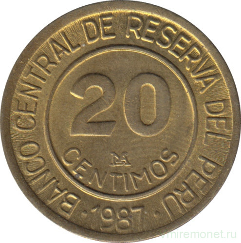 Монета. Перу. 20 сентимо 1987 год.