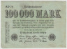Банкнота. Германия. Веймарская республика. 100000 марок 1923 год. Водяной знак - рубящие звёзды. Серийный номер - две буквы, две цифры. ав.