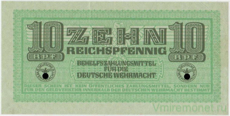 Банкнота. Германия. Третий рейх. Немецкий Вермахт. Вспомогательный платежный сертификат. 10 пфеннигов 1942 год. Тип М34.